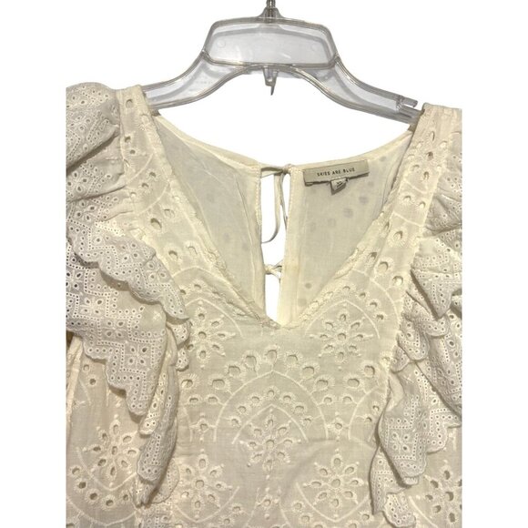 Skies Are Blue Eyelet Lace Ruffle Sleeveless Cotton Peplum Top XS Women's Ivory - Picture 2 of 10